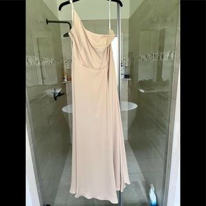 Champagne bridesmaid dress with a slit.